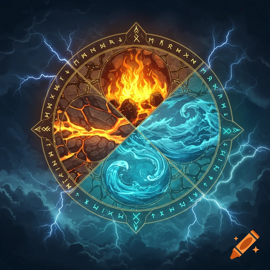 A circular emblem with four elemental quadrants: fire, molten earth, turbulent water, and swirling air, surrounded by runic symbols and lightning.