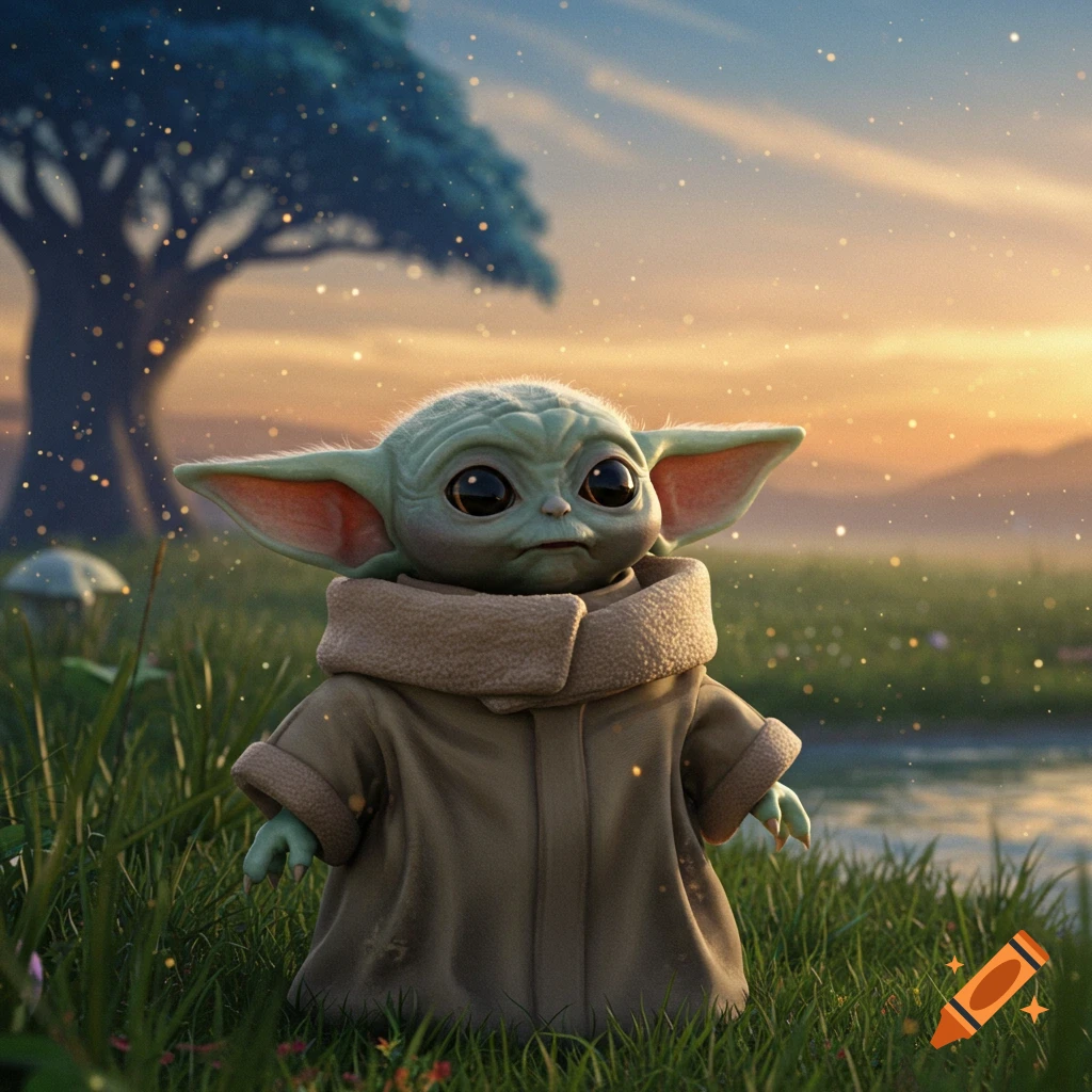 Grogu stands in a grassy field with a large tree and water in the background at sunset, photorealistic style.