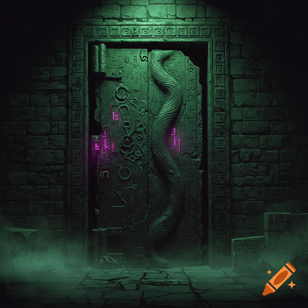 A dark, mysterious ancient stone vault door with glowing pink eerie symbols and a carved snake, set in a shadowy, misty room with green lighting, in a vintage horror aesthetic.