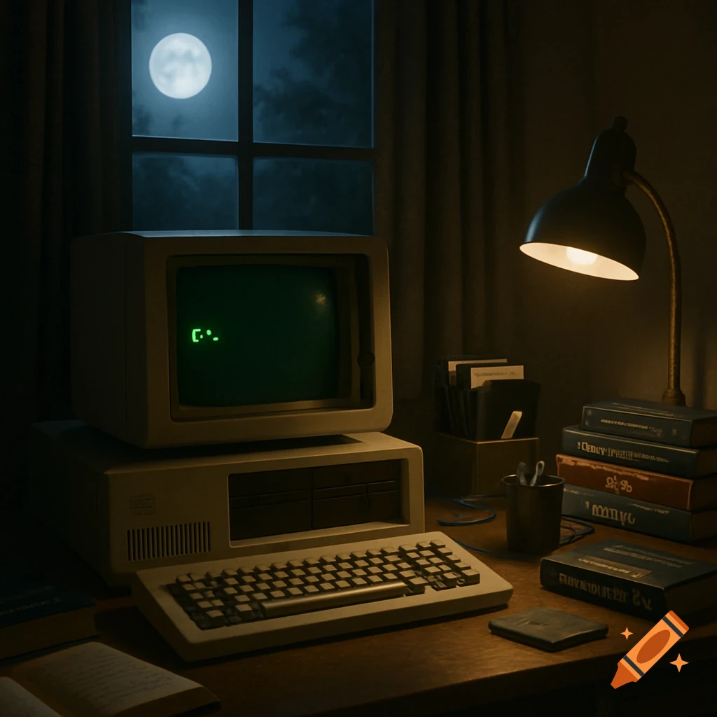 A dimly lit desk at night with a vintage IBM PC, green monochrome monitor showing a C: prompt, and a keyboard. Books and a desk lamp are nearby, with a full moon visible through the window.