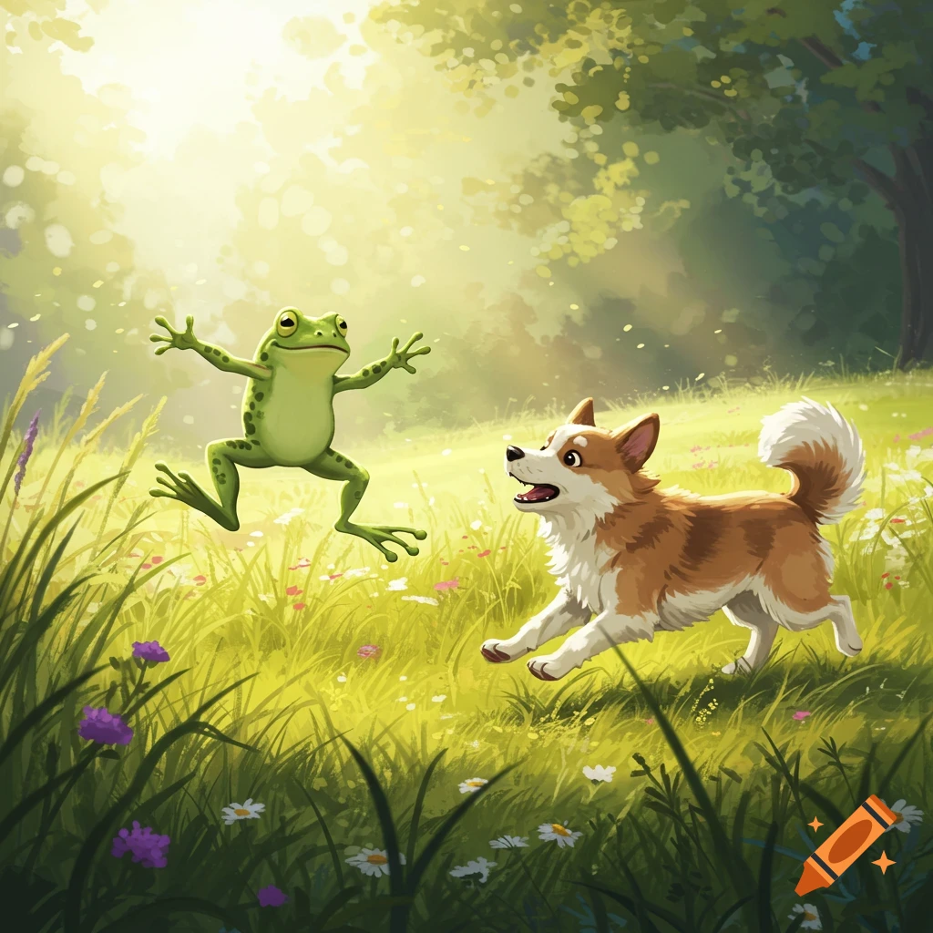 A cartoonish green frog jumps away from a brown and white dog in a sunny, wildflower-filled meadow with trees in the background.