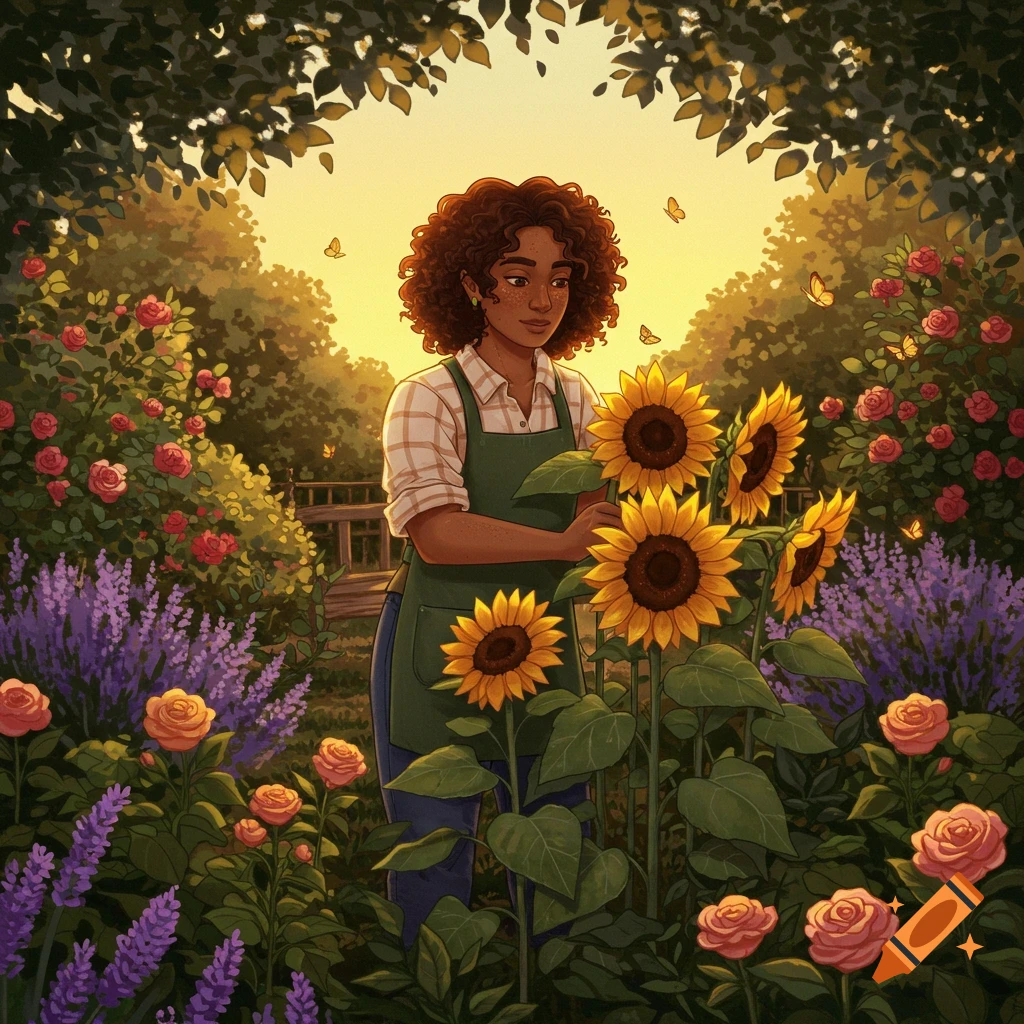 A woman with curly brown hair and apron tends to sunflowers in a vibrant garden with roses and lavender at sunset, illustrative style.