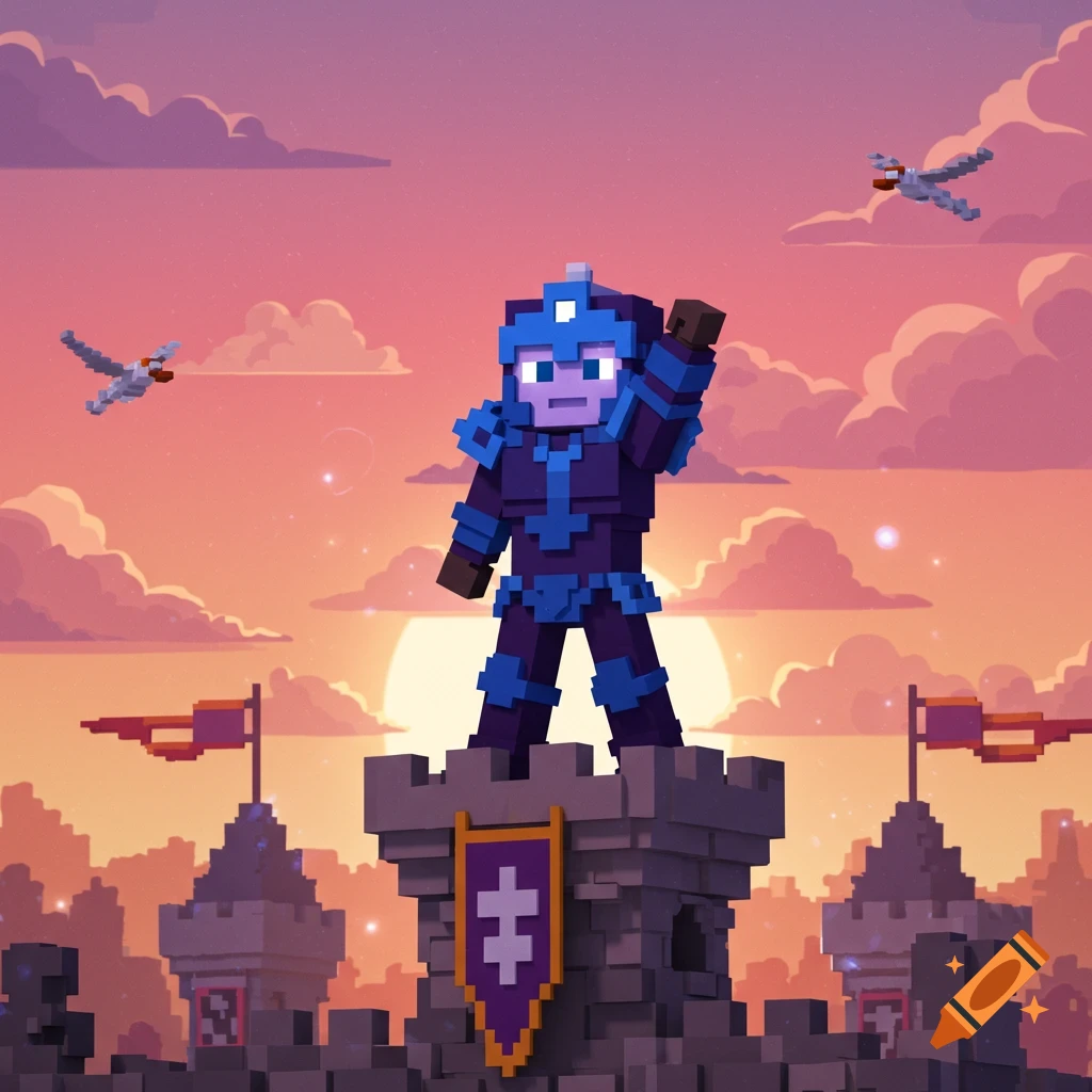 A pixelated knight in blue armor stands triumphantly on a castle tower against a sunset sky, with pixelated birds flying.
