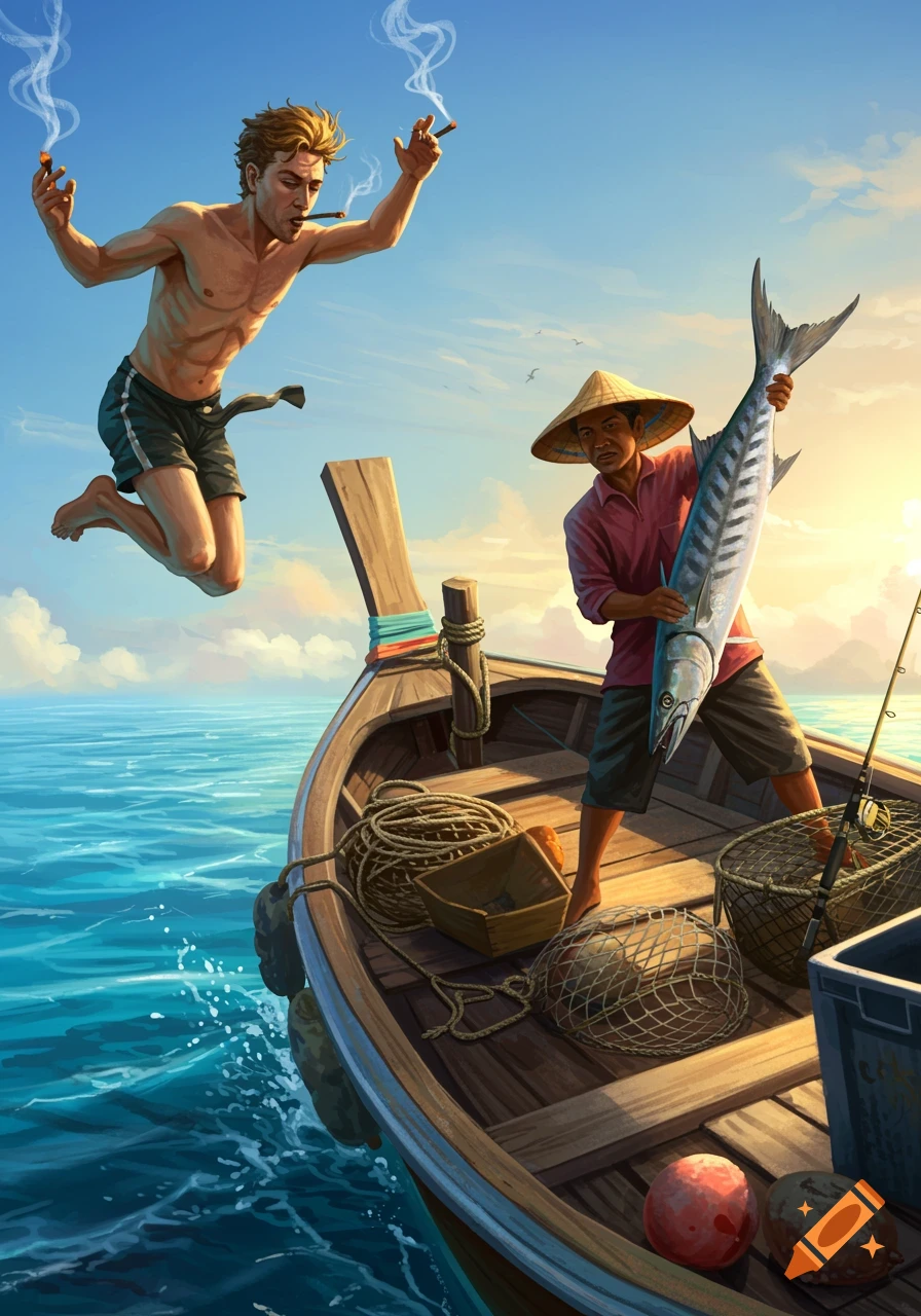 Illustrated scene of a man jumping off a fishing boat holding a cigar, while another man on the boat holds a barracuda.