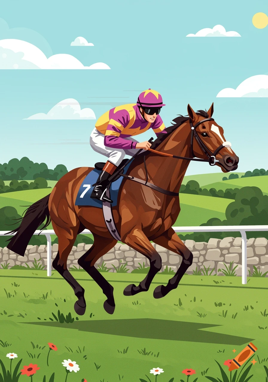 Flat illustration of a jockey racing a brown horse on a green track under a sunny sky.