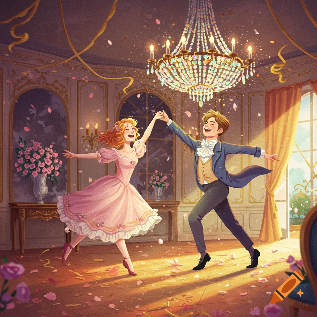 Two happy people, dressed in elaborate attire, dance joyfully in a grand ballroom filled with light and scattered petals, in an illustrated style.
