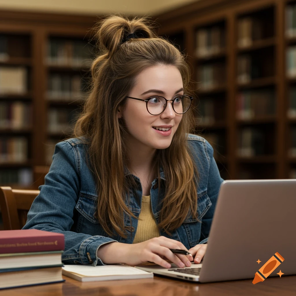A young woman with glasses and a half-up bun uses a laptop at a library desk with books. Photorealistic.