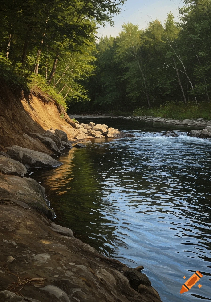 A sunlit river flows past a steep dirt bank and a dense forest, depicted in a realistic painting style.