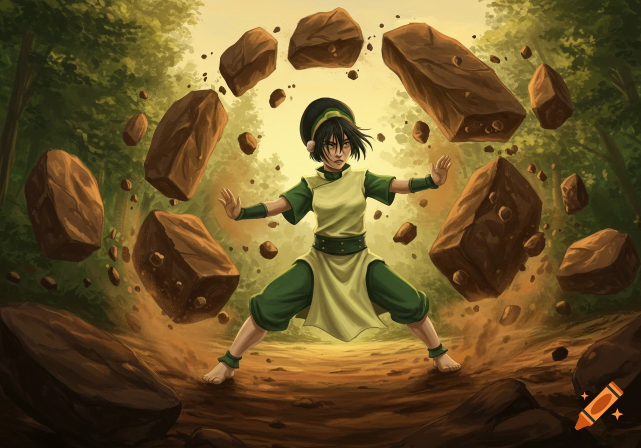 Toph Beifong from Avatar earthbends, levitating large rocks around her in a dynamic forest scene.