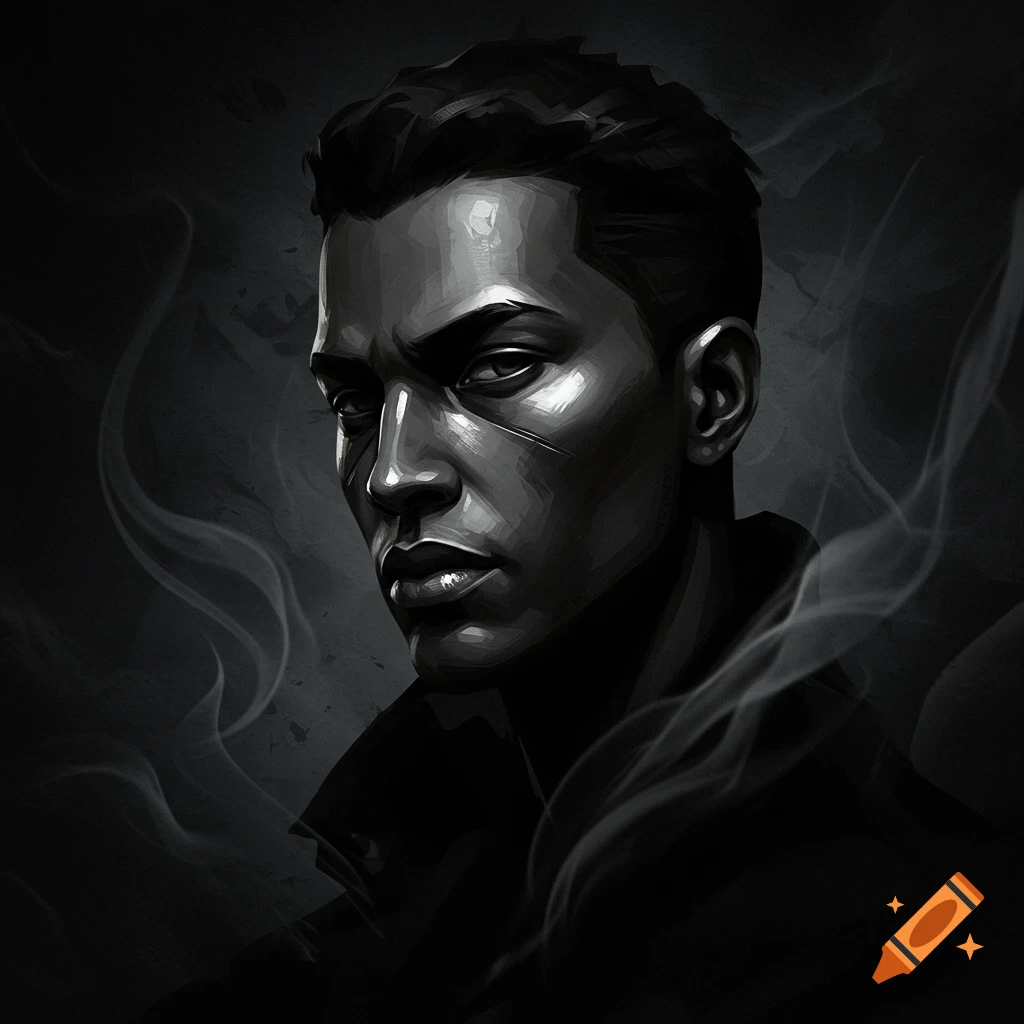 Intense grayscale drawing of a man's face with scars and smoke, looking to the side.