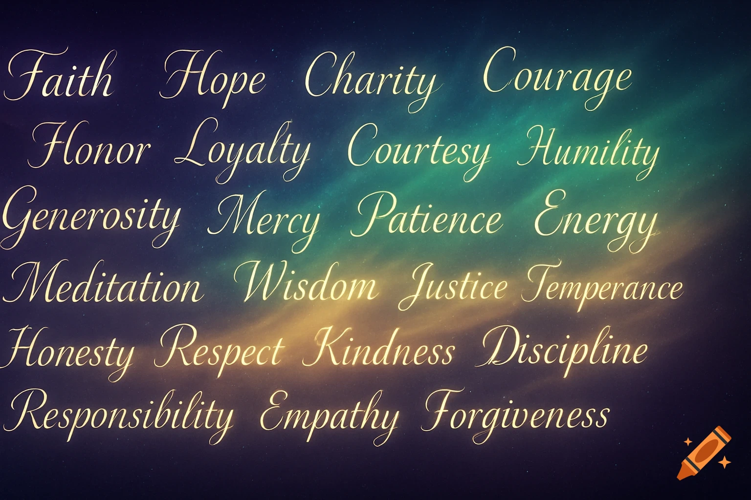 Golden cursive words representing virtues like "Faith", "Hope", and "Charity" against a dark, cosmic background with blue and gold light.