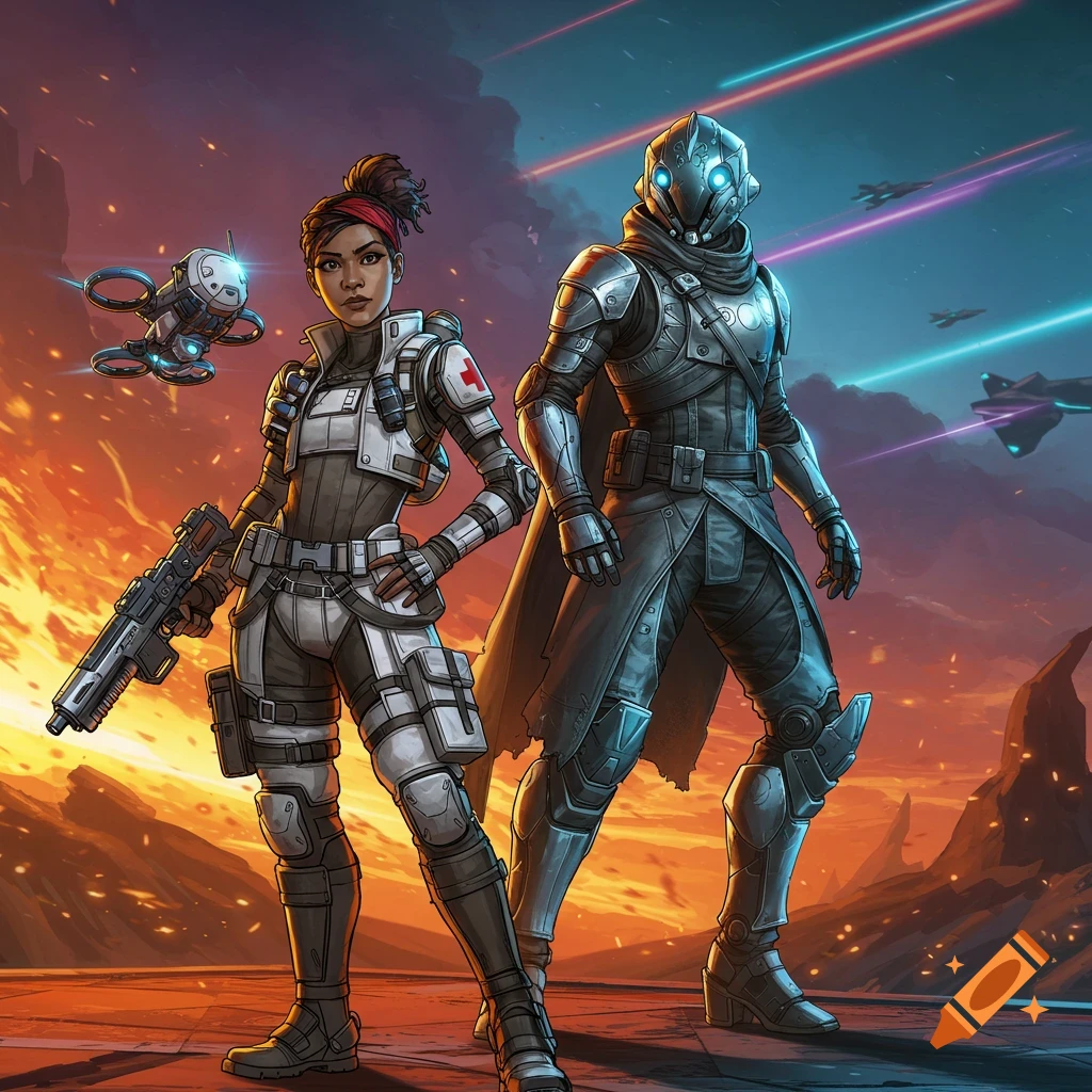 Two armored sci-fi characters, a female medic and a helmeted warrior, stand with a drone in a fiery alien landscape.
