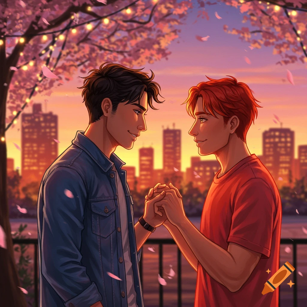 An illustration of two men holding hands and looking at each other under cherry blossom trees with a city skyline at sunset.