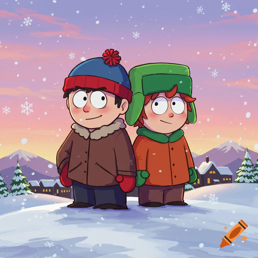 Cartoon boys Stan and Kyle from South Park standing in a snowy village scene with snowflakes falling at sunset.