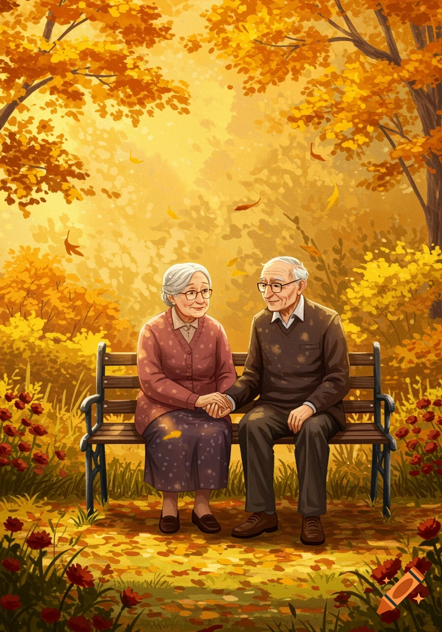 An elderly couple holding hands on a park bench surrounded by golden autumn foliage and red flowers.