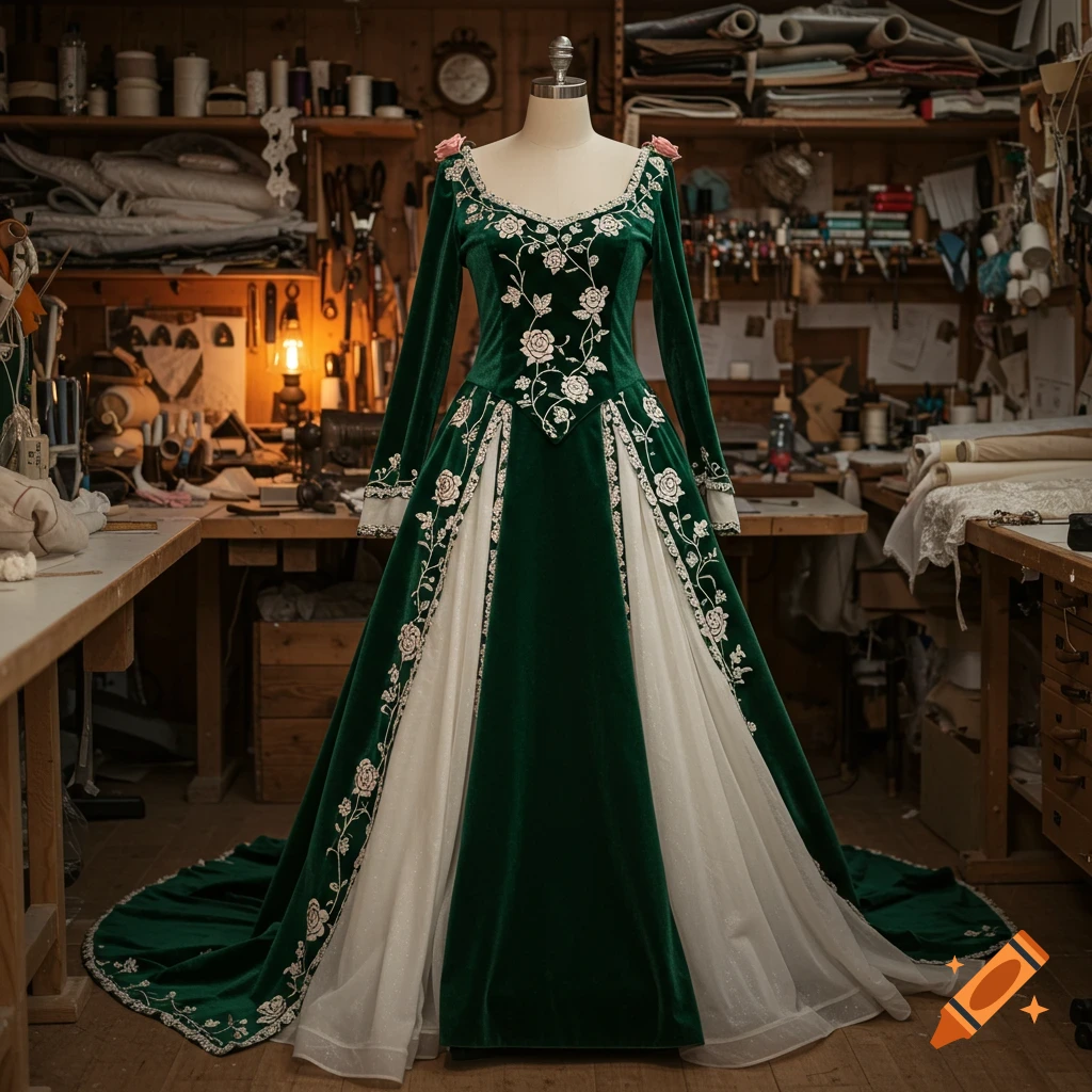 A dark green and white medieval-style wedding dress with white rose embroidery on a mannequin in a tailor's workshop.