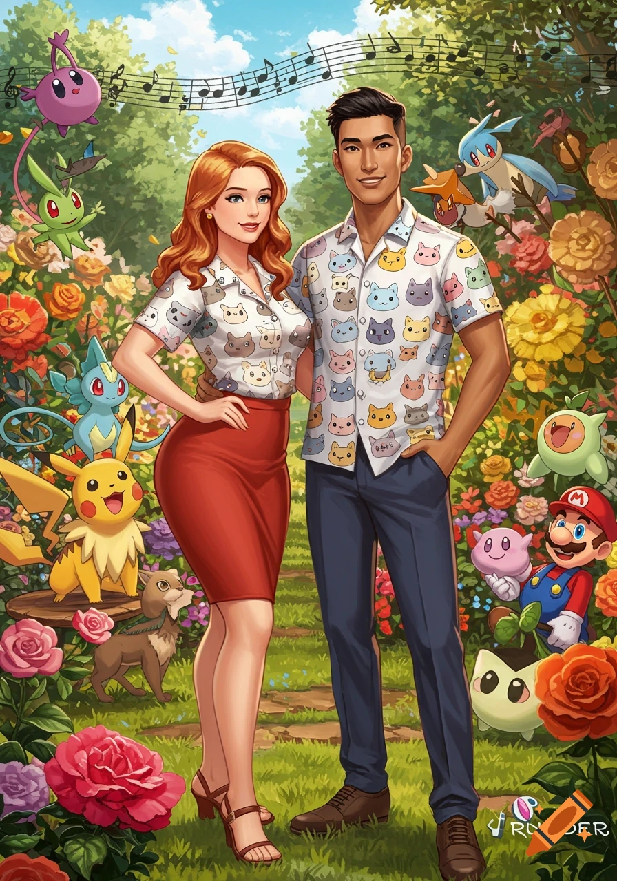 A man and woman in cat shirts in a garden surrounded by Pokémon, Mario characters, flowers, and musical notes.