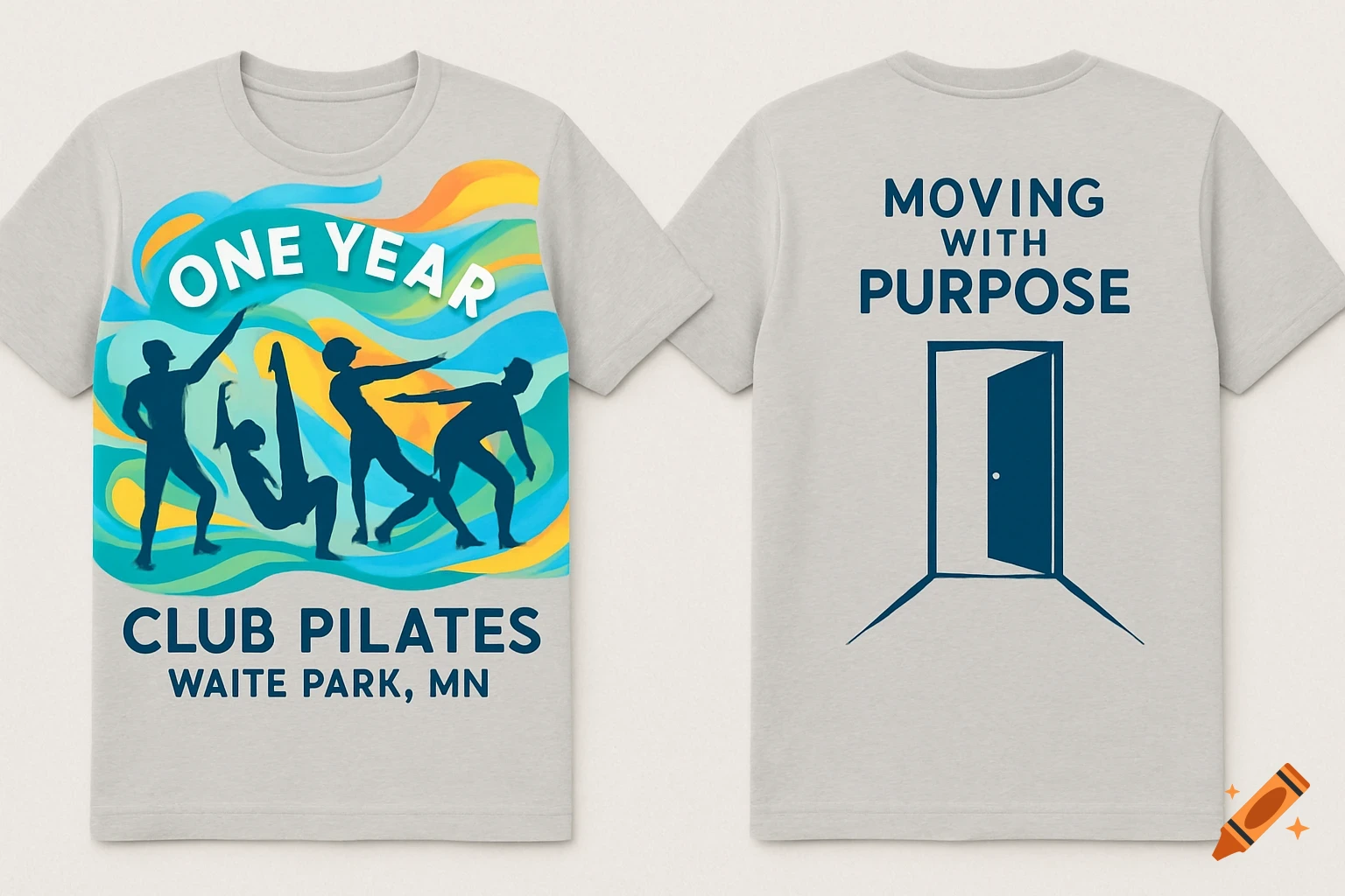 A grey t-shirt displayed front and back. The front features colorful waves, silhouettes of people in pilates poses, and text "ONE YEAR CLUB PILATES WAITE PARK, MN". The back has "MOVING WITH PURPOSE" and a silhouette of an open door.