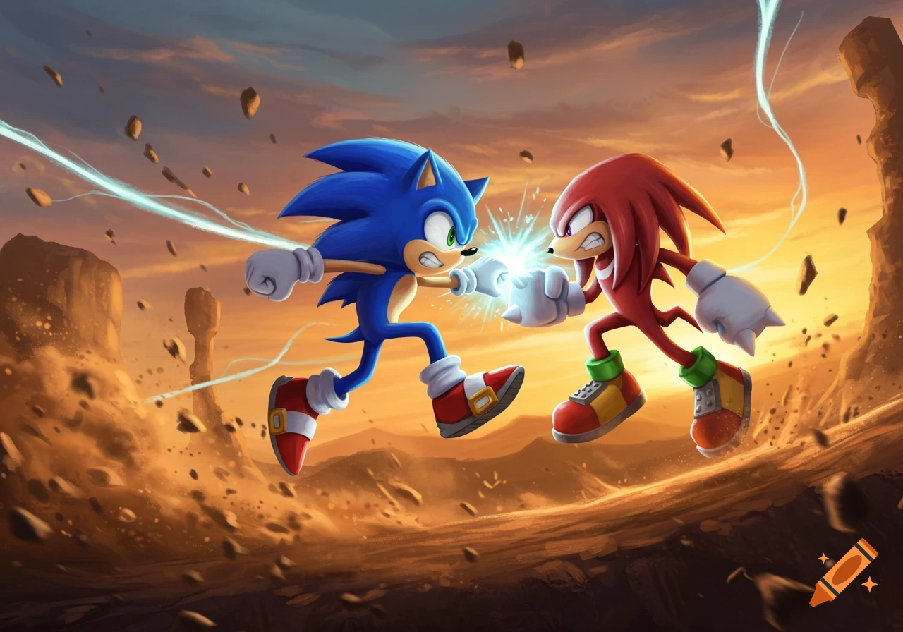Sonic the Hedgehog and Knuckles clash fists in a dynamic desert landscape.