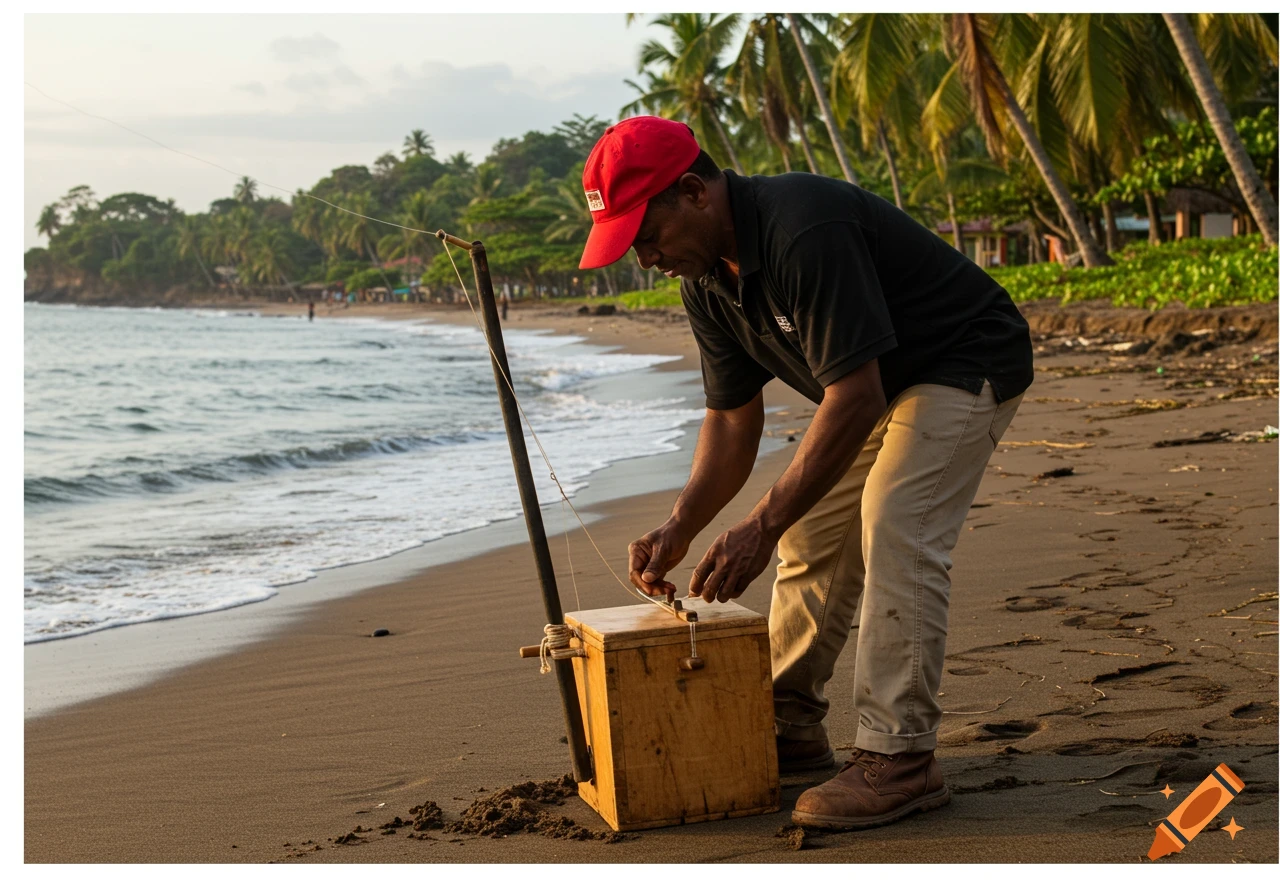 Photorealistic shot of an Afro-Caribbean man playing a wooden bajo de cajón on a sandy beach at sunrise, with palm trees and ocean waves in the background.