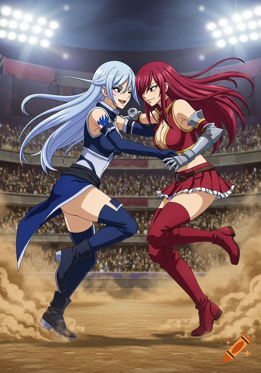 Two anime women, one with light blue hair and one with red hair, in athletic outfits, appear to be wrestling in an arena.