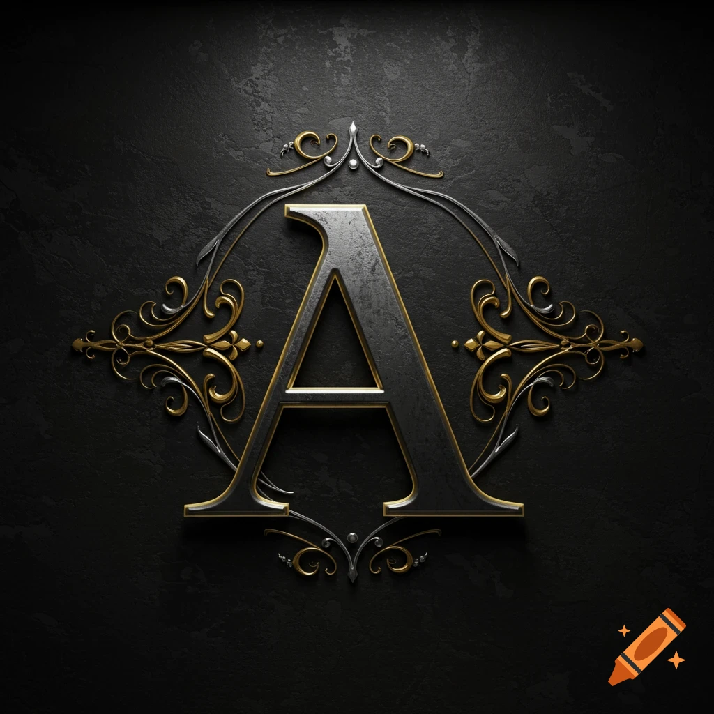 Metallic letter A with ornate gold and silver filigree on a dark textured background.