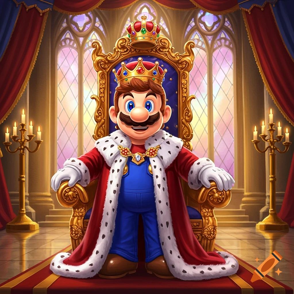 Mario as a king on a golden throne in a grand castle chamber with red drapes and large windows.