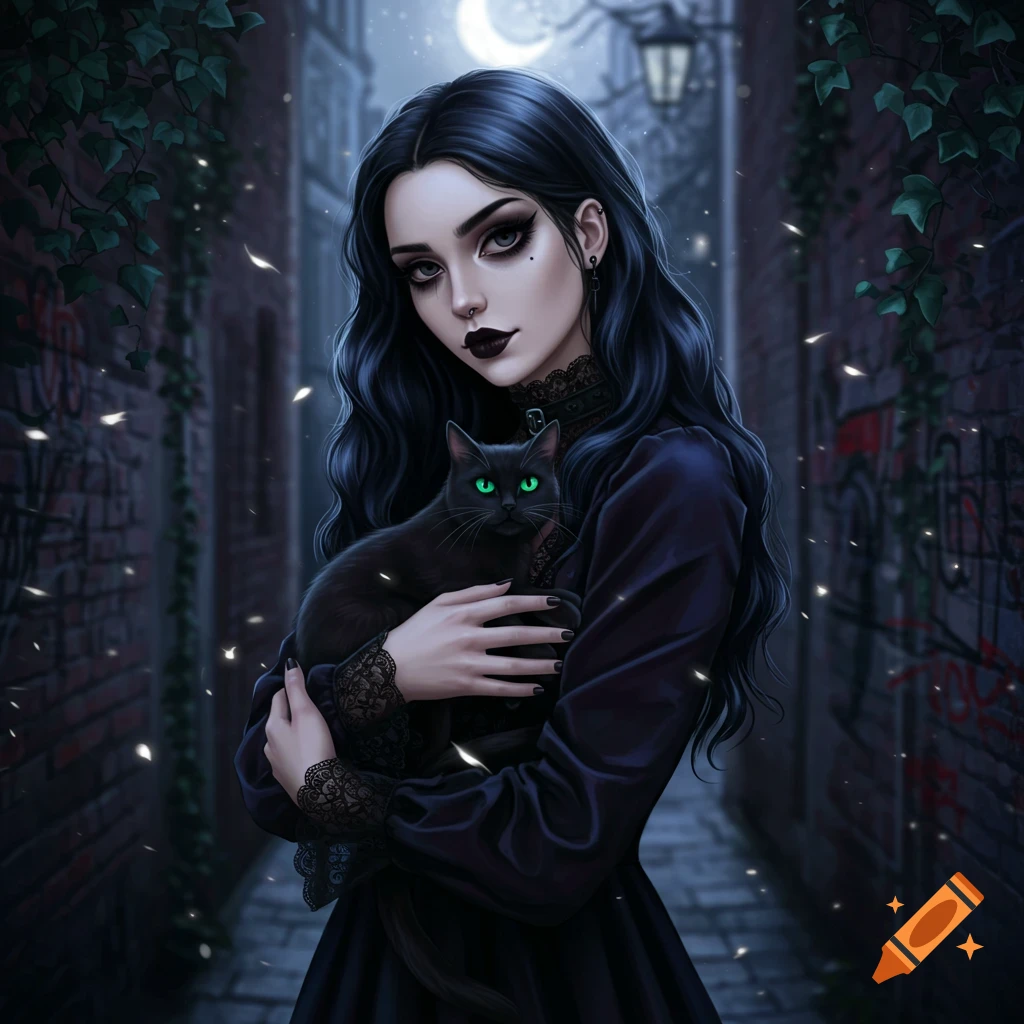 An illustration of a goth girl with dark hair and makeup holding a black cat with glowing green eyes in a dark alley at night.