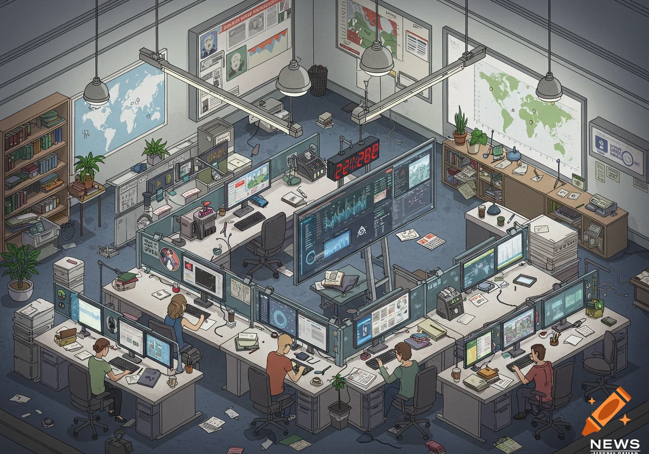 An isometric cartoon illustration of a busy newsroom with several people working at computer desks surrounded by multiple monitors, maps, and various office supplies.
