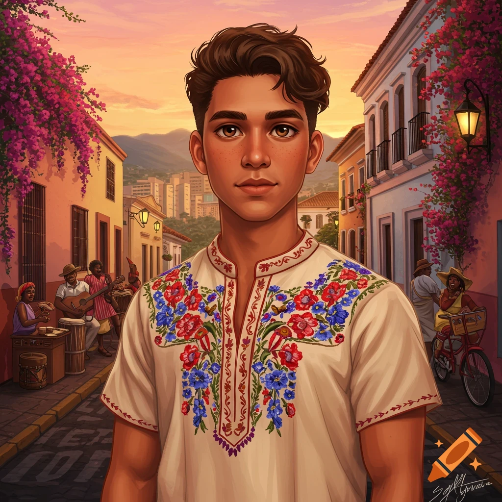 A young man with brown hair and freckles wears a white embroidered shirt, standing on a cobblestone street in a vibrant town with colorful buildings, blooming bougainvillea, and people in the background, under a sunset sky in an illustrative style.