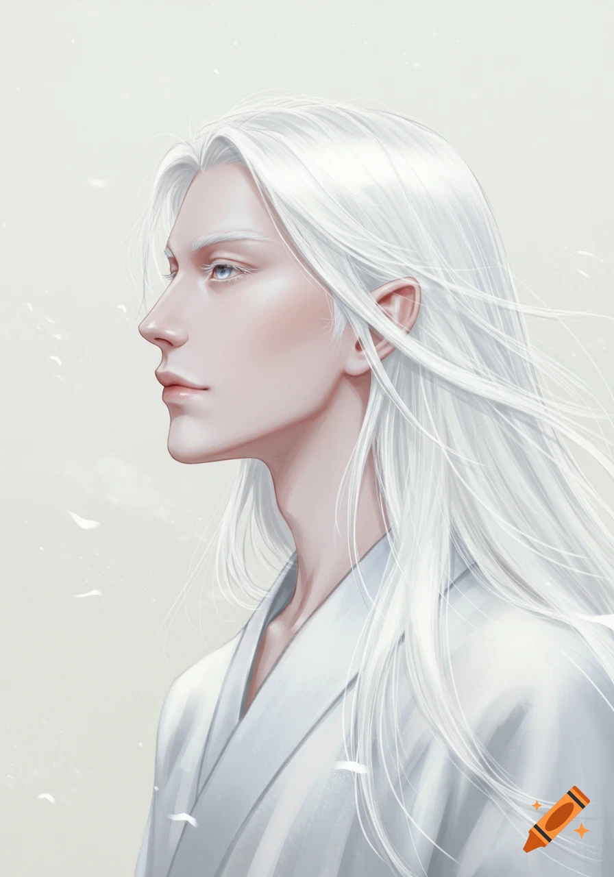 A stylized profile portrait of a man with long white hair and pale skin, looking left against a light background.