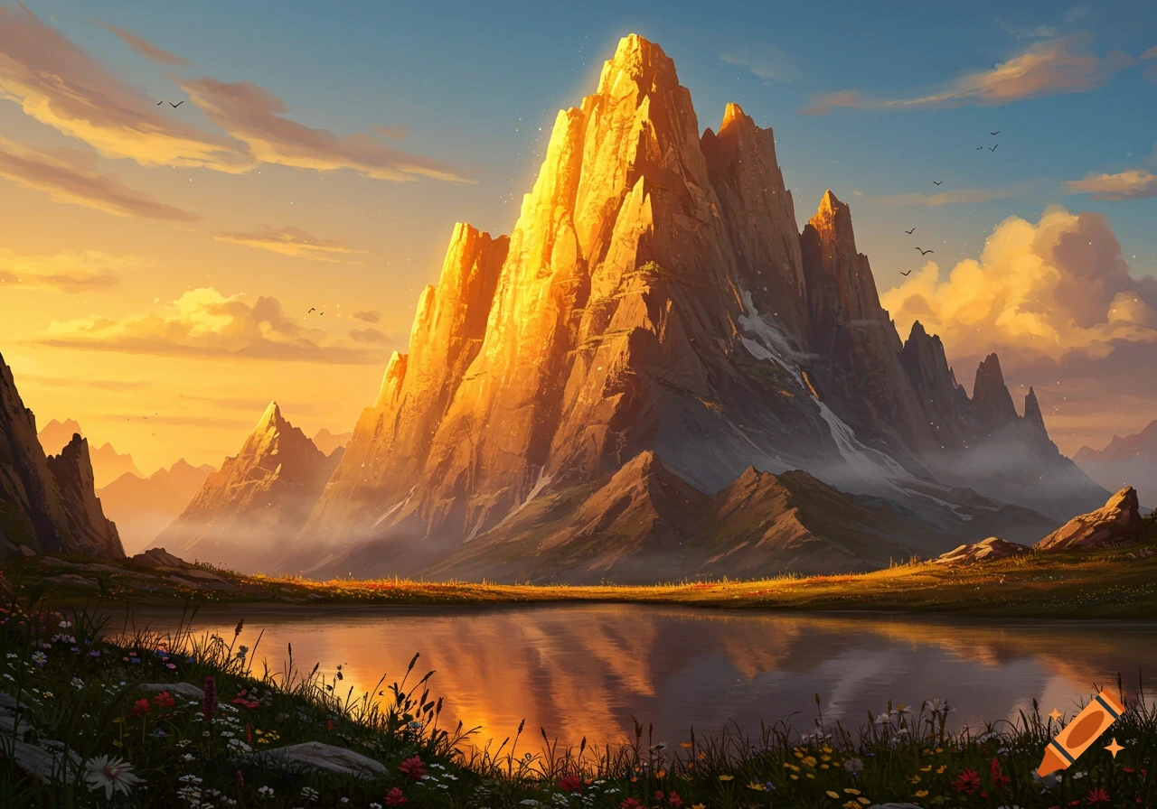 A majestic golden mountain glows under a vibrant sunset sky, reflected in a serene lake surrounded by a field of wildflowers and grass.