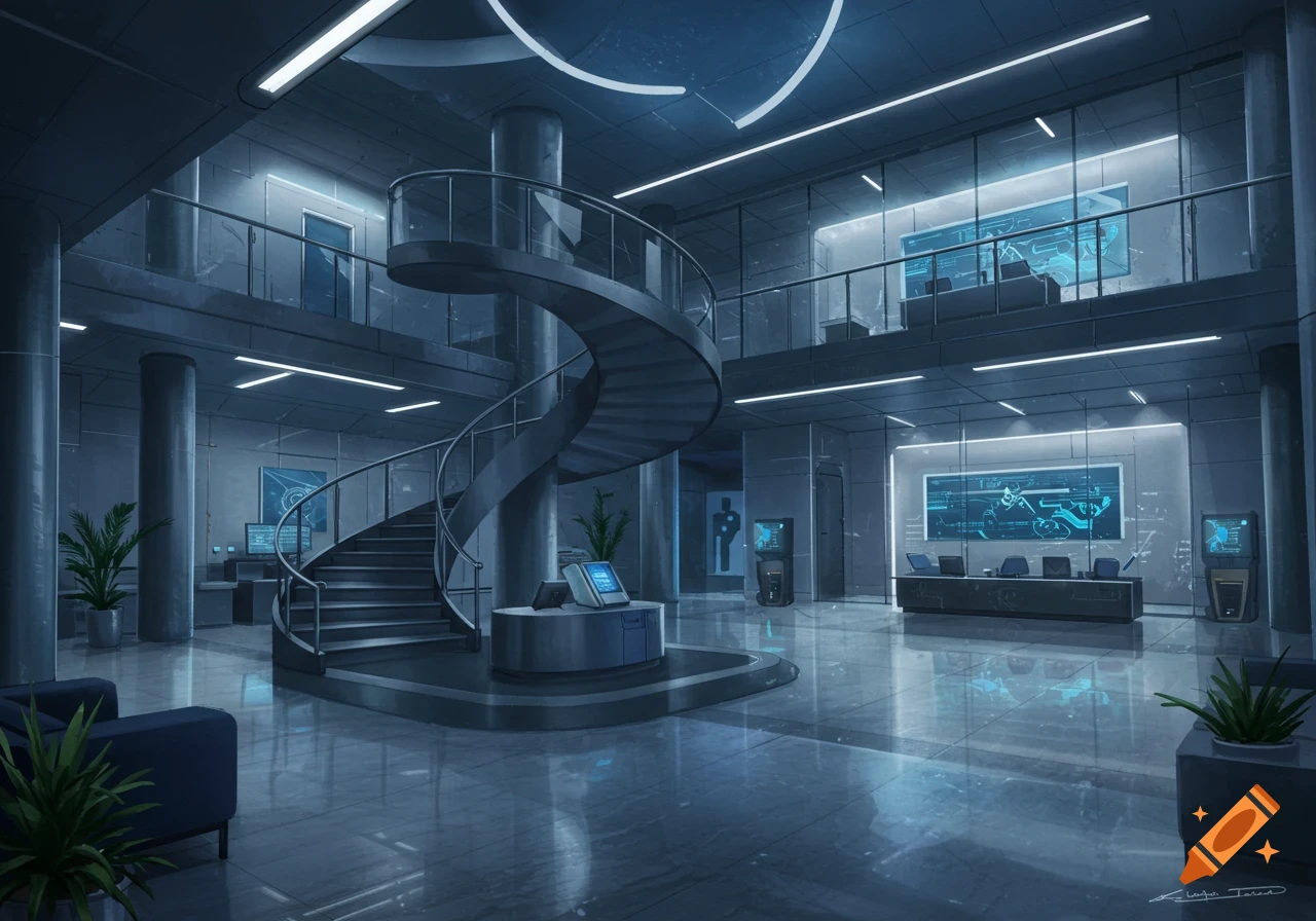 A futuristic, two-story aerospace office lobby with a winding spiral staircase, large illuminated screens displaying blue diagrams, and sleek modern furniture.