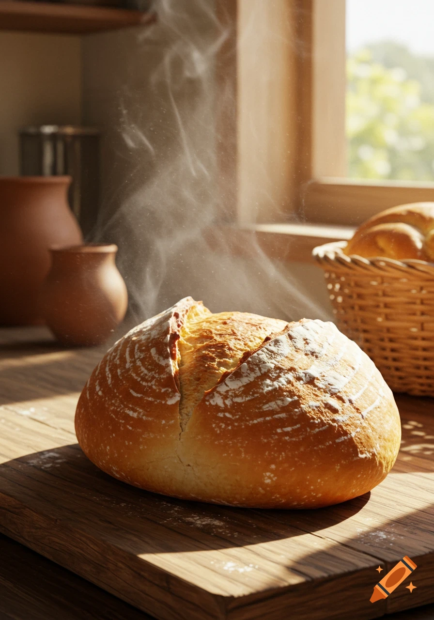 A close-up, photorealistic image of a steaming, freshly baked loaf of bread on a wooden board in a sunlit kitchen.