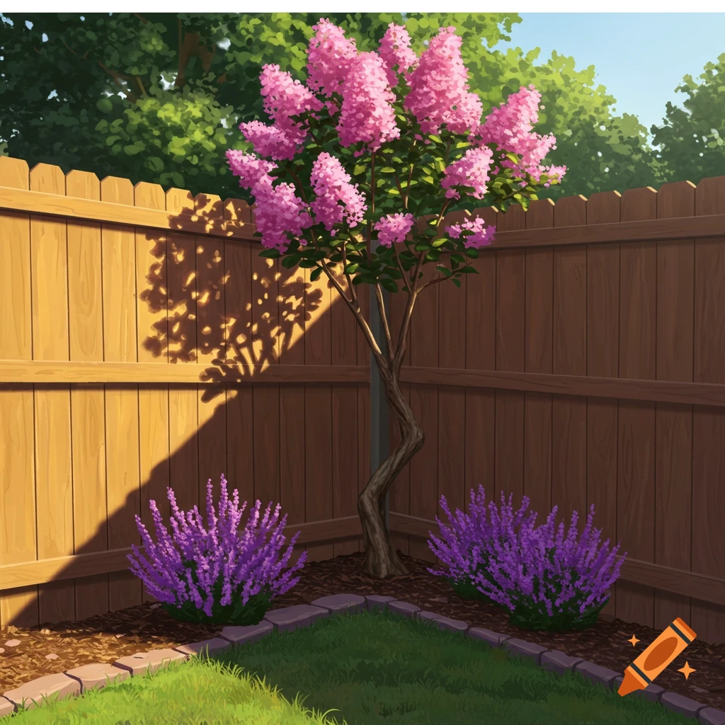 A vibrant pink crepe myrtle tree and purple heather plants in a sunny backyard corner against a wooden fence, illustrative style.
