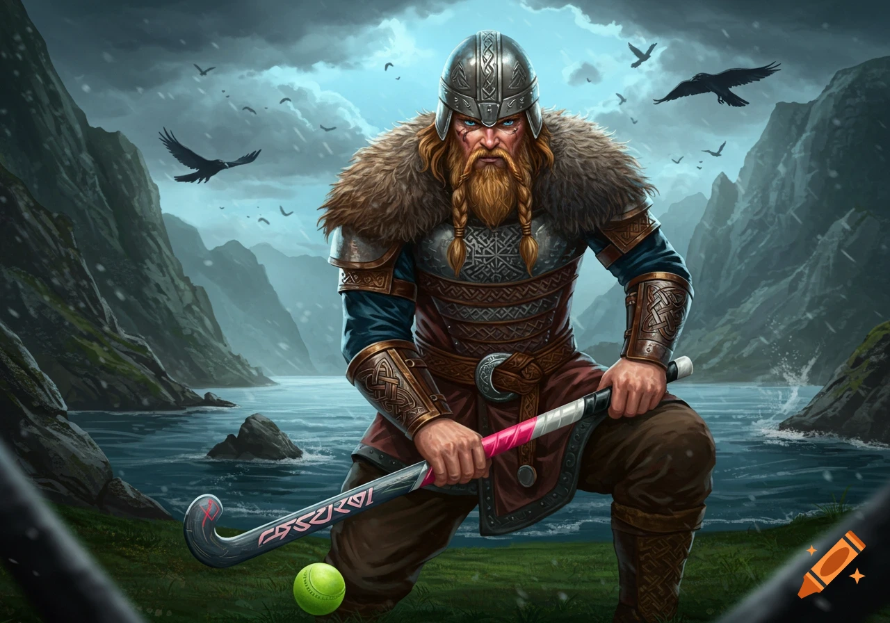 A fierce Viking warrior in armor and fur cloak, with a braided beard, holding a field hockey stick with a green ball, in a mountainous fjord landscape under a cloudy sky.