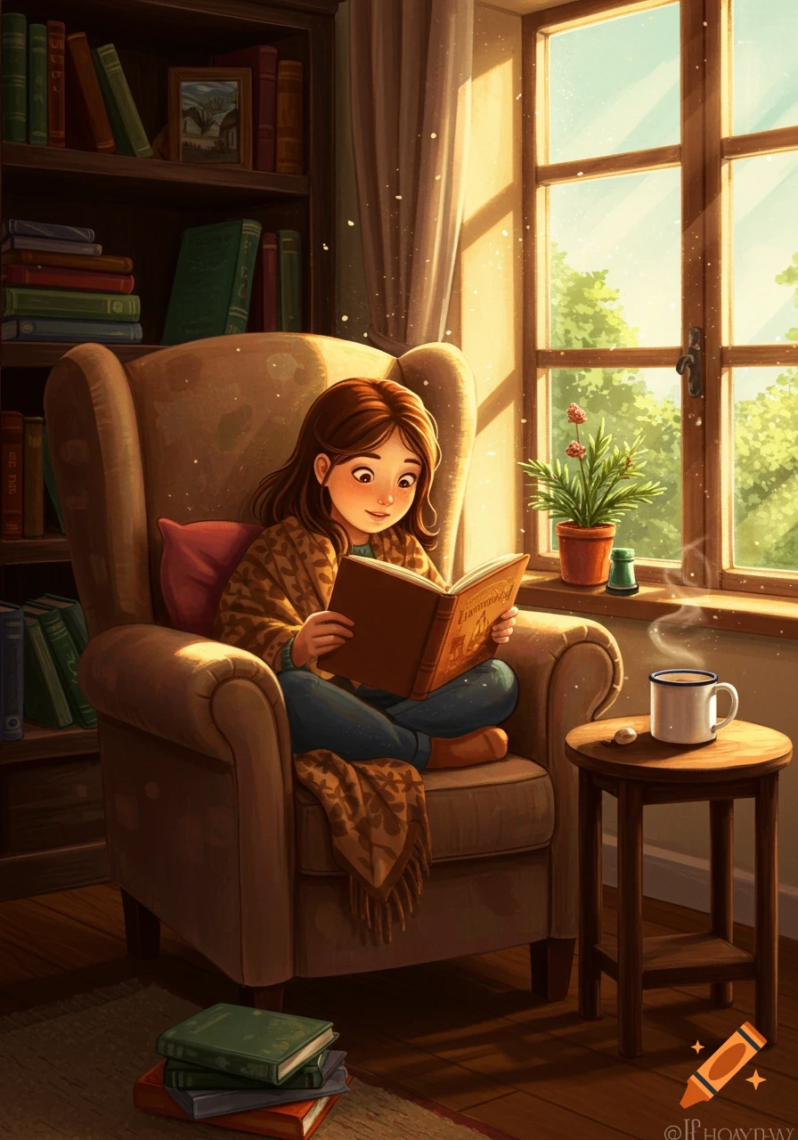An illustration of a young girl sitting in an armchair by a sunny window, engrossed in reading a book, with a steaming mug on a side table.