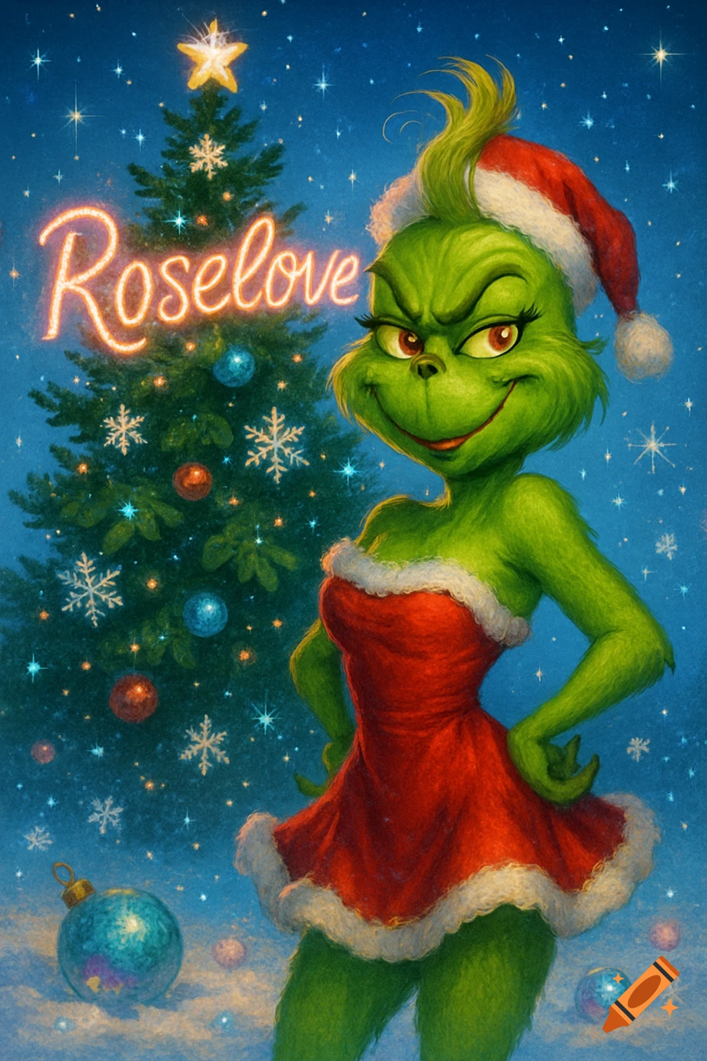 A female Grinch character in a Santa dress stands next to a Christmas tree with 'Roselove' in neon lights.