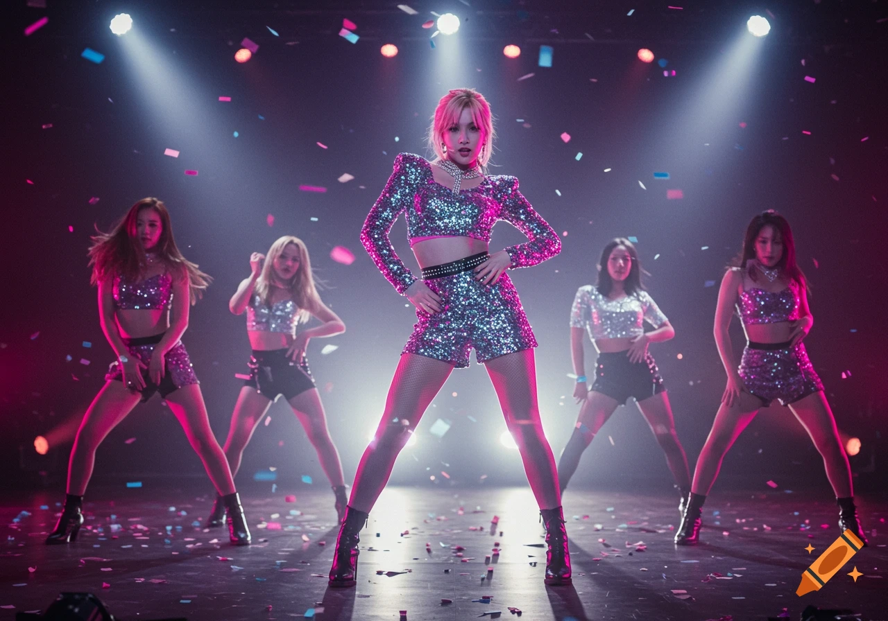 A K-pop girl group in sparkly outfits performs on stage amidst falling confetti and bright spotlights.