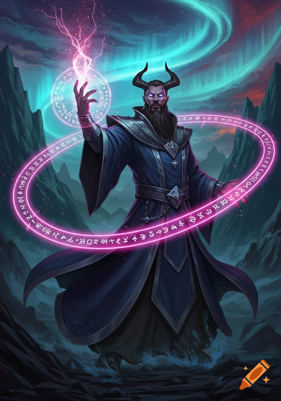 A horned wizard in dark robes casts a vibrant pink spell, surrounded by glowing runes, beneath a mystical aurora borealis in a mountainous landscape.