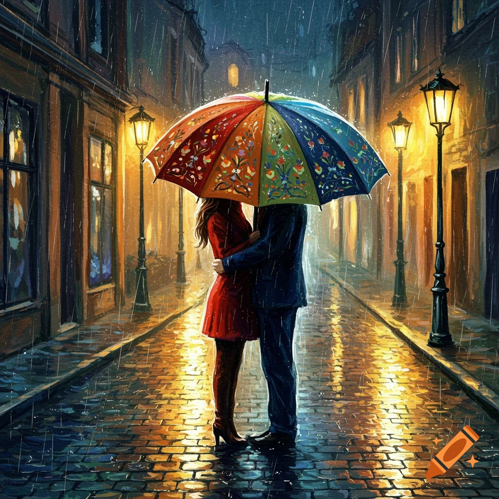 A couple embracing under a large, colorful umbrella in a rainy, lamp-lit street at night, in an illustrative style.