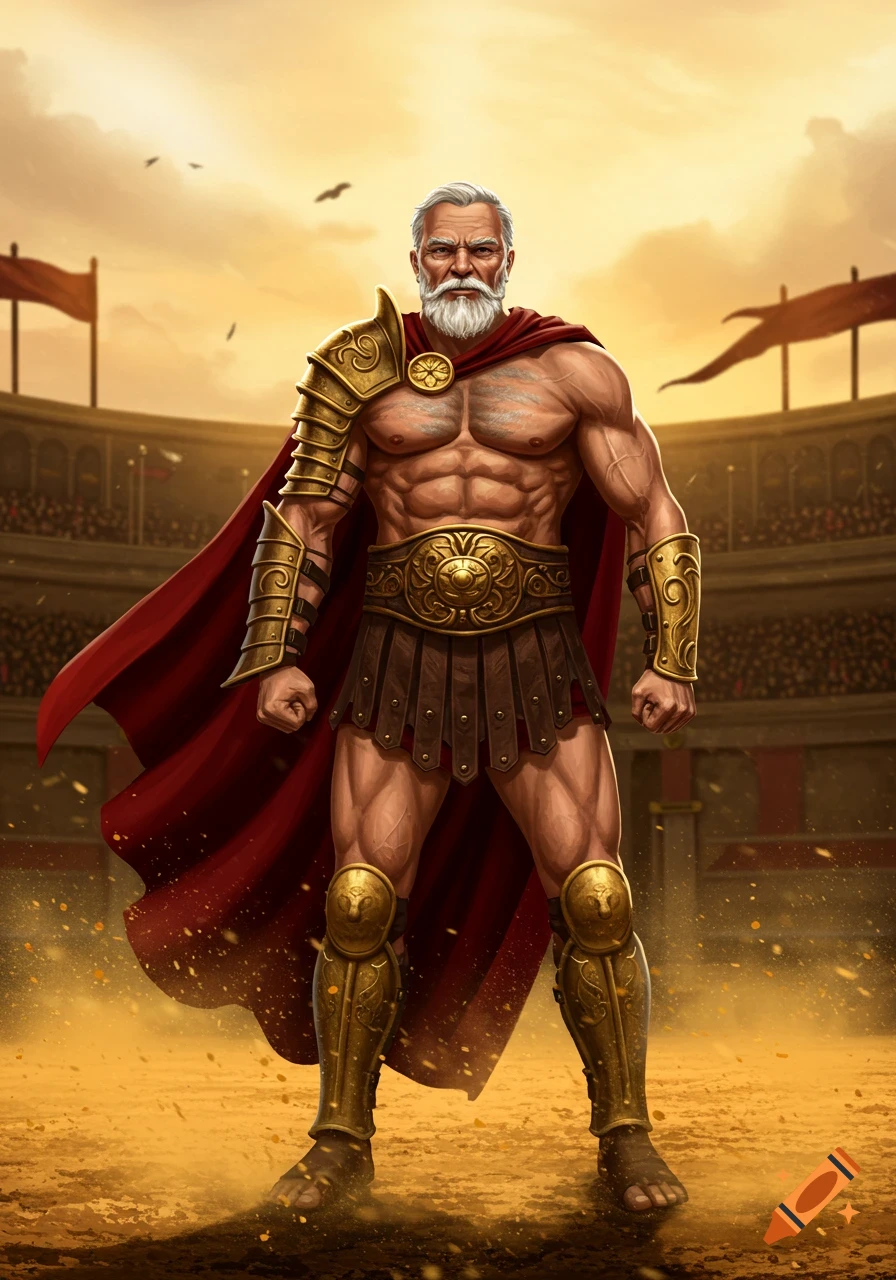 Muscular older gladiator in gold armor and red cape standing in a dusty arena at sunset.