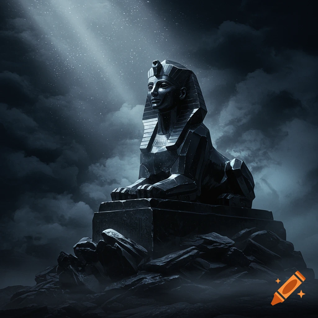 A dark, dramatic image of a black quartz sphinx statue on a rocky base under a moonlit, cloudy sky.