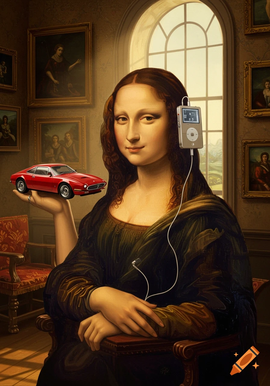 Mona Lisa, depicted in a classic painting style, wears earphones connected to an iPod on her head, while holding a small red sports car in her palm, set in a room with other classical paintings and a large arched window.