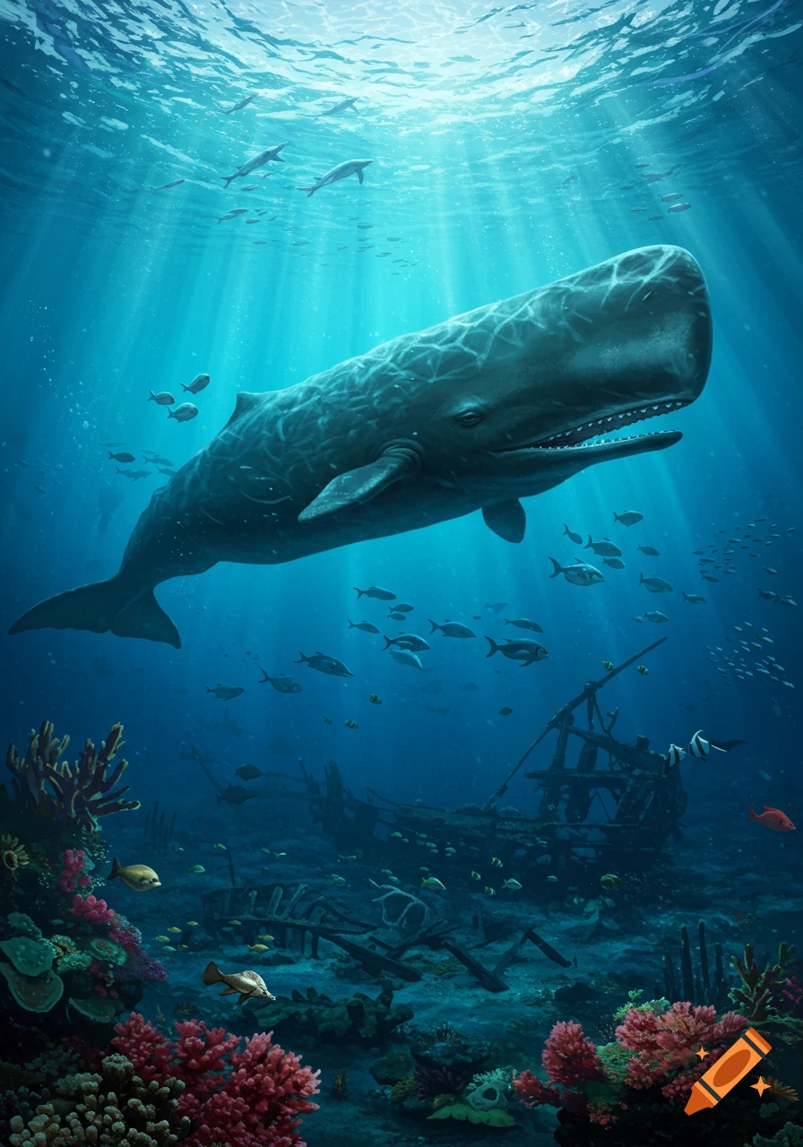 A photorealistic depiction of a sperm whale swimming above a sunken ship and coral reef in a sunlit ocean.