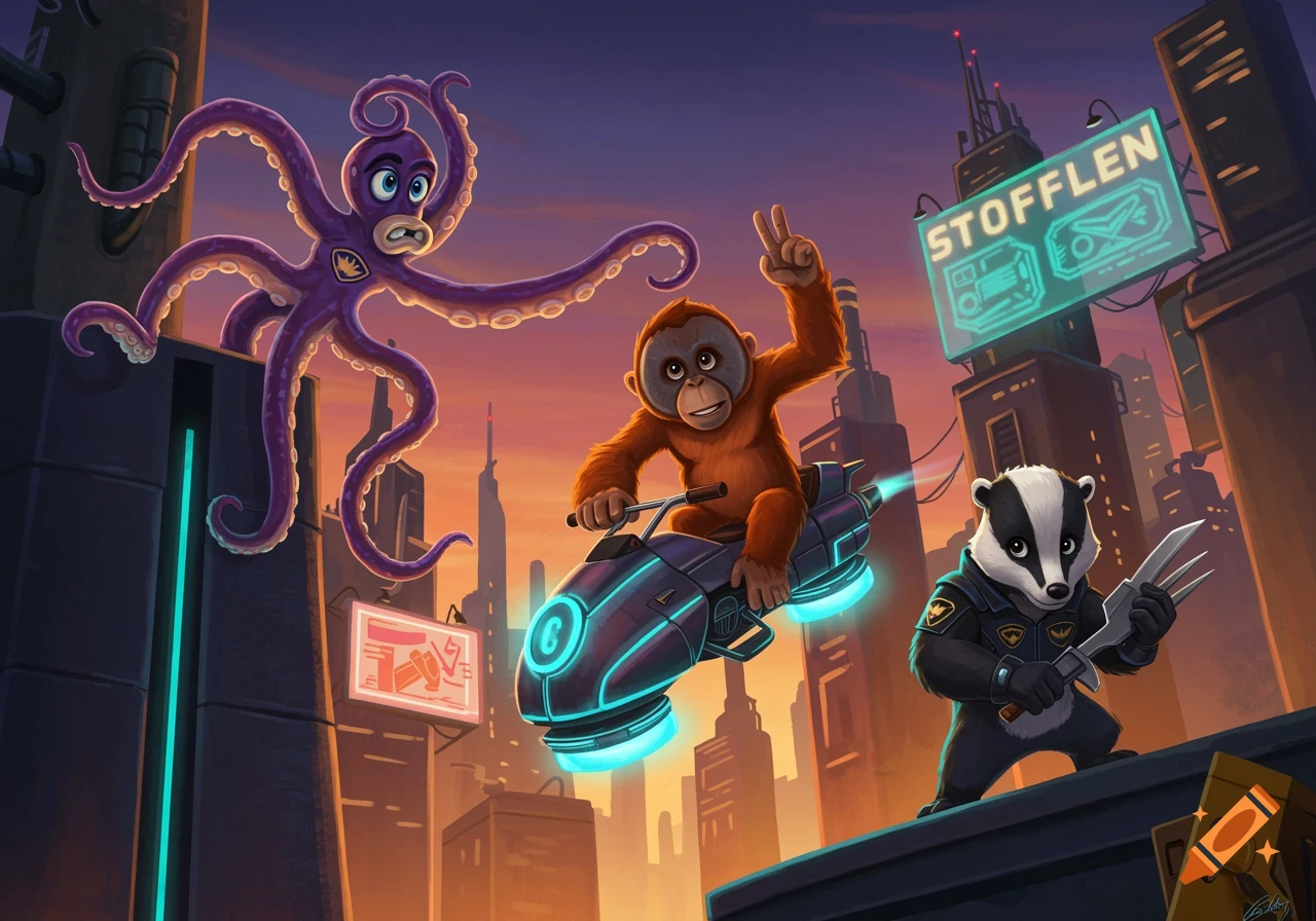 A cartoon octopus, orangutan on a hoverbike, and a badger with claws in a futuristic city at sunset.