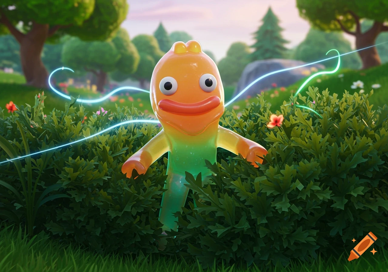 A cartoonish, orange and green gummy character resembling Fortnite's Fishstick peeks from a green bush in a vibrant outdoor scene with glowing energy lines.