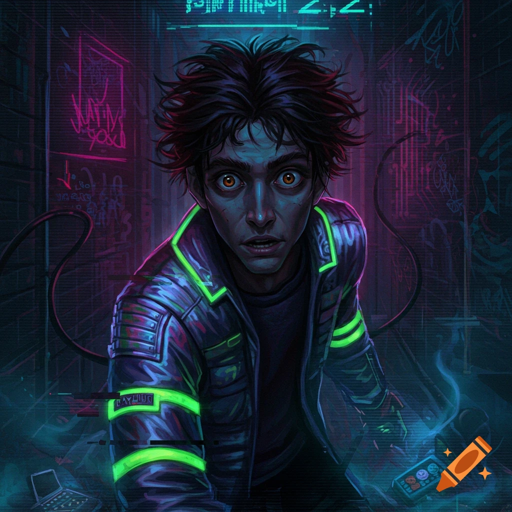 A stylized portrait of a wide-eyed man with black hair and glowing brown eyes, wearing a dark jacket with neon green stripes, set in a dark Y2K cyberpunk urban alley with neon signs and digital glitches.