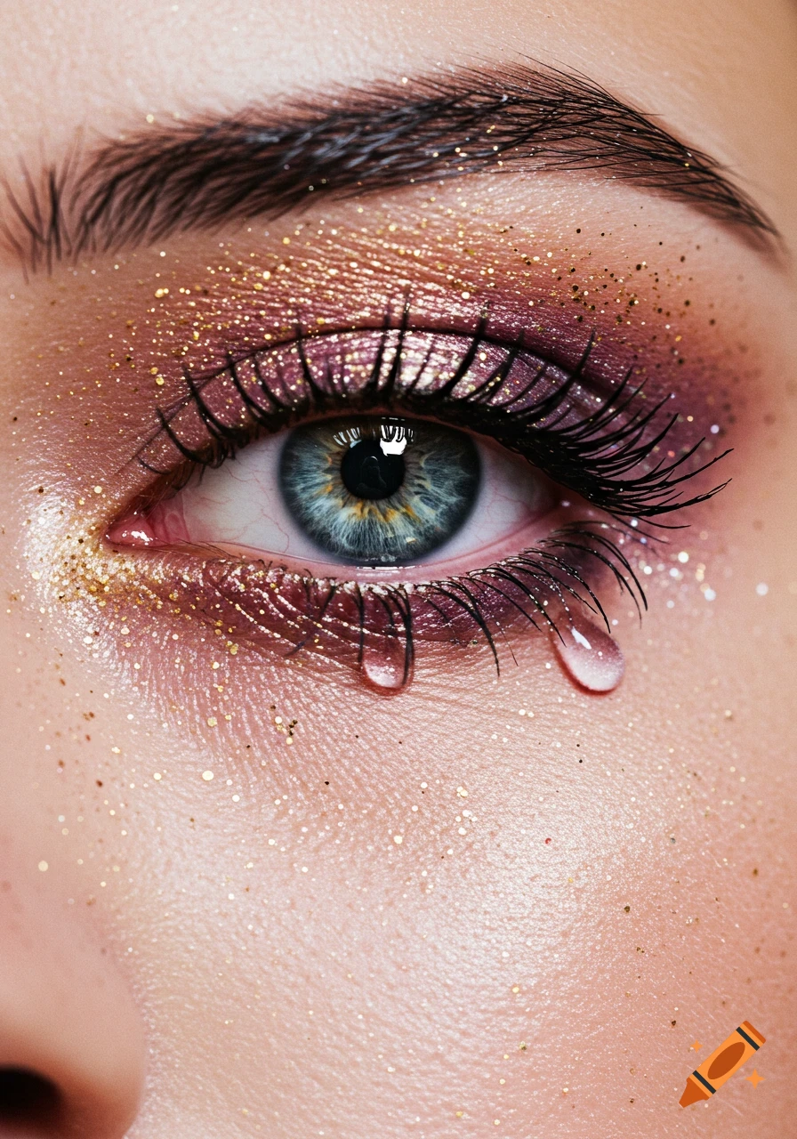 Close-up of a blue eye with glittery pink and gold eyeshadow and two tears rolling down the cheek.
