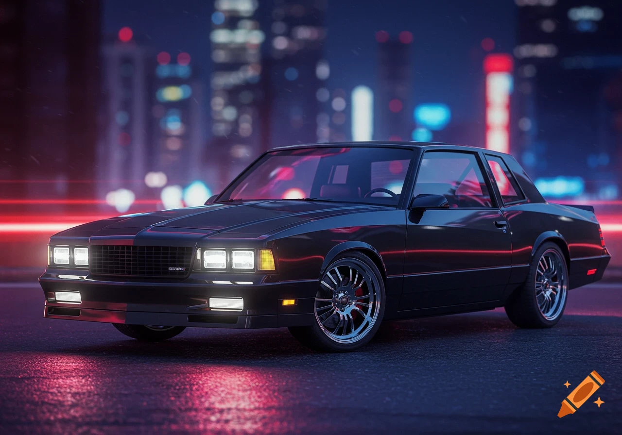 A sleek black 1988 Monte Carlo with modern styling parked on a wet city street at night with neon lights in the background.